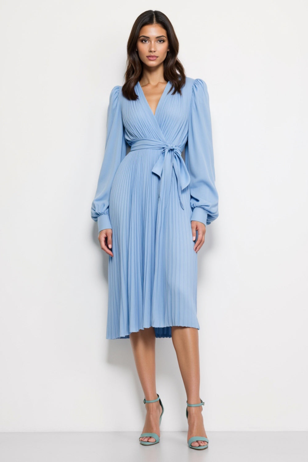 Blue V-Neck Pleated Midi Work Dress with Strings