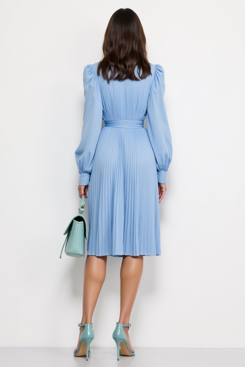 Blue V-Neck Pleated Midi Work Dress with Strings