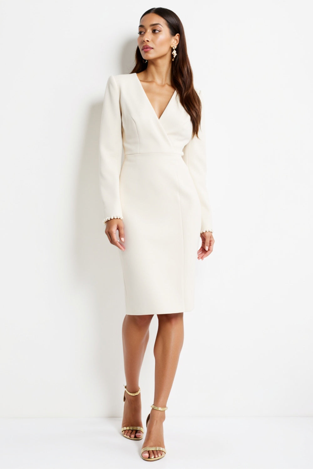 White Satin V-Neck Bodycon Midi Work Dress with Sleeves