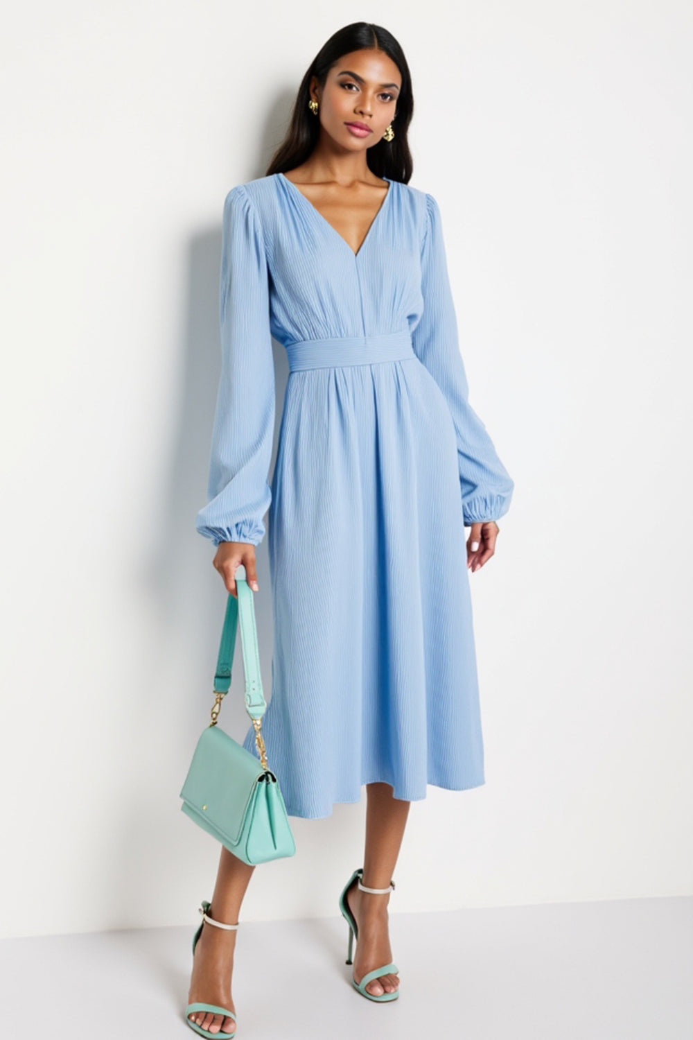 A Line Blue V-Neck Long Sleeves Midi Work Dress