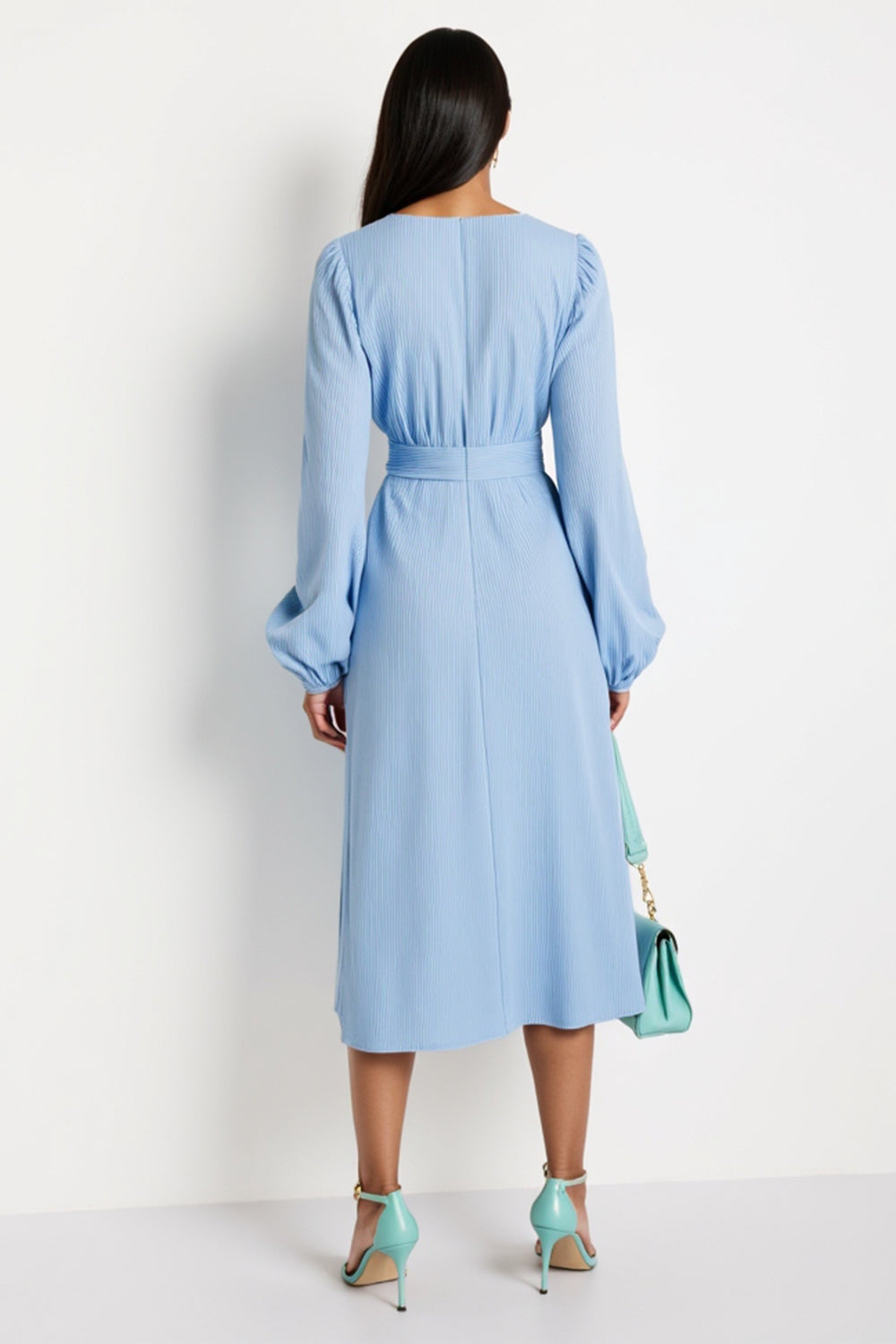 A Line Blue V-Neck Long Sleeves Midi Work Dress