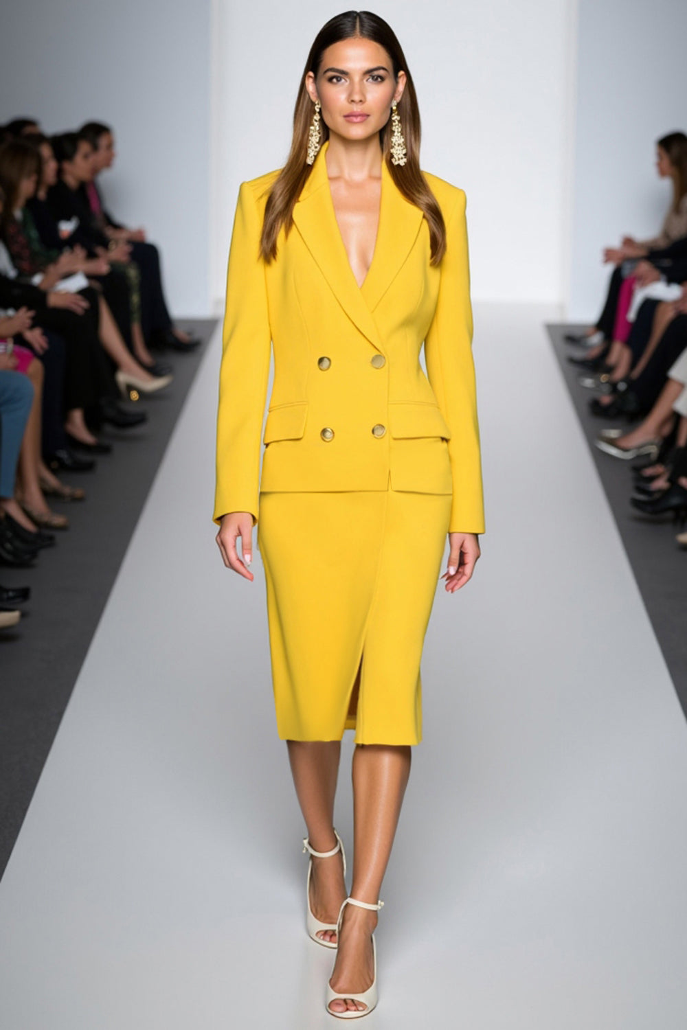 Y2 Piece ellow Peak Lapel Satin Midi Business Suits with Slit