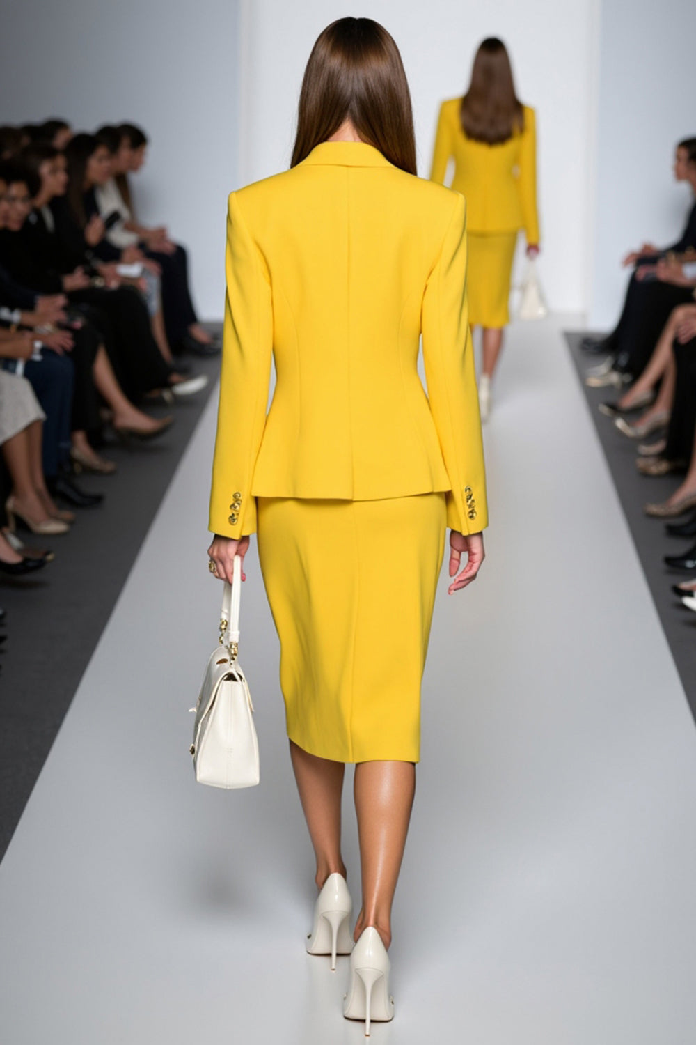 Y2 Piece ellow Peak Lapel Satin Midi Business Suits with Slit