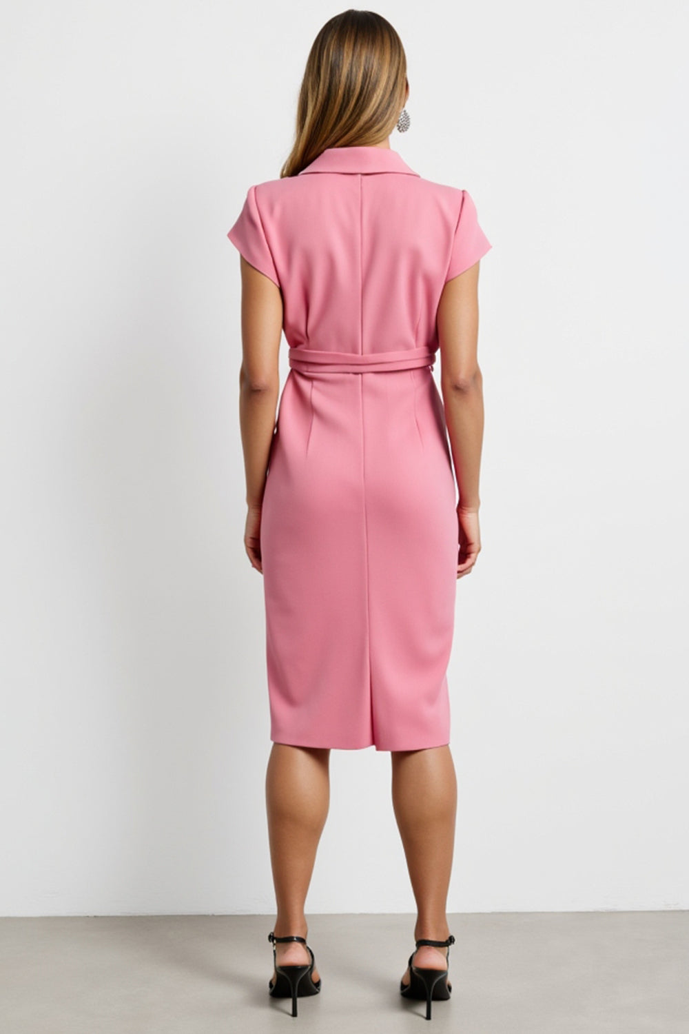 Hot Pink Notched Lapel Bodycon Midi Work Dress with Strings