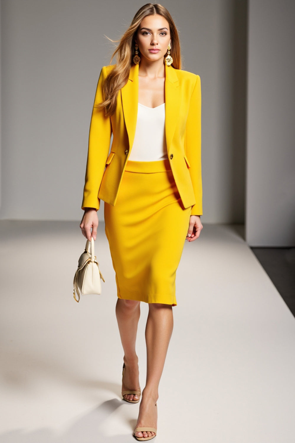 2 Piece Yellow Peak Lapel Midi Business Suits