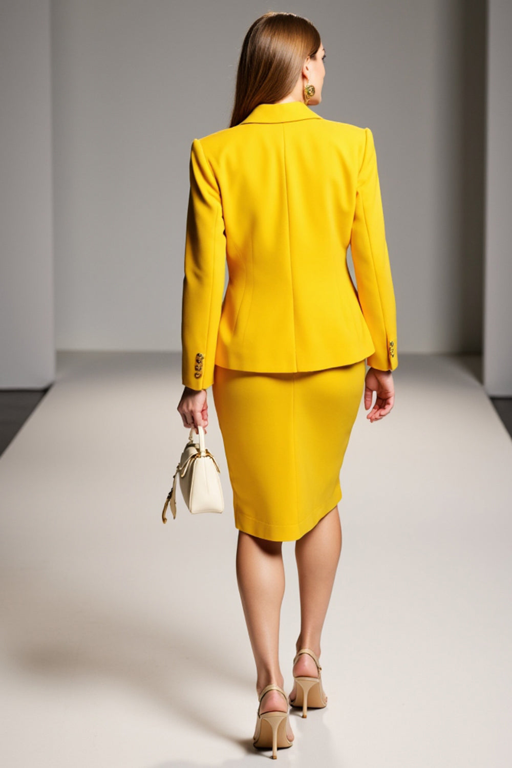 2 Piece Yellow Peak Lapel Midi Business Suits