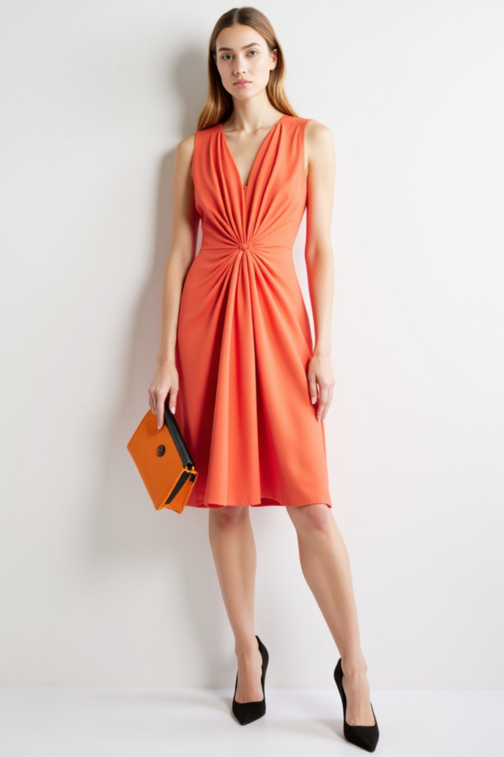 Orange Ruched Bodycon Deep V-Neck Midi Work Dress