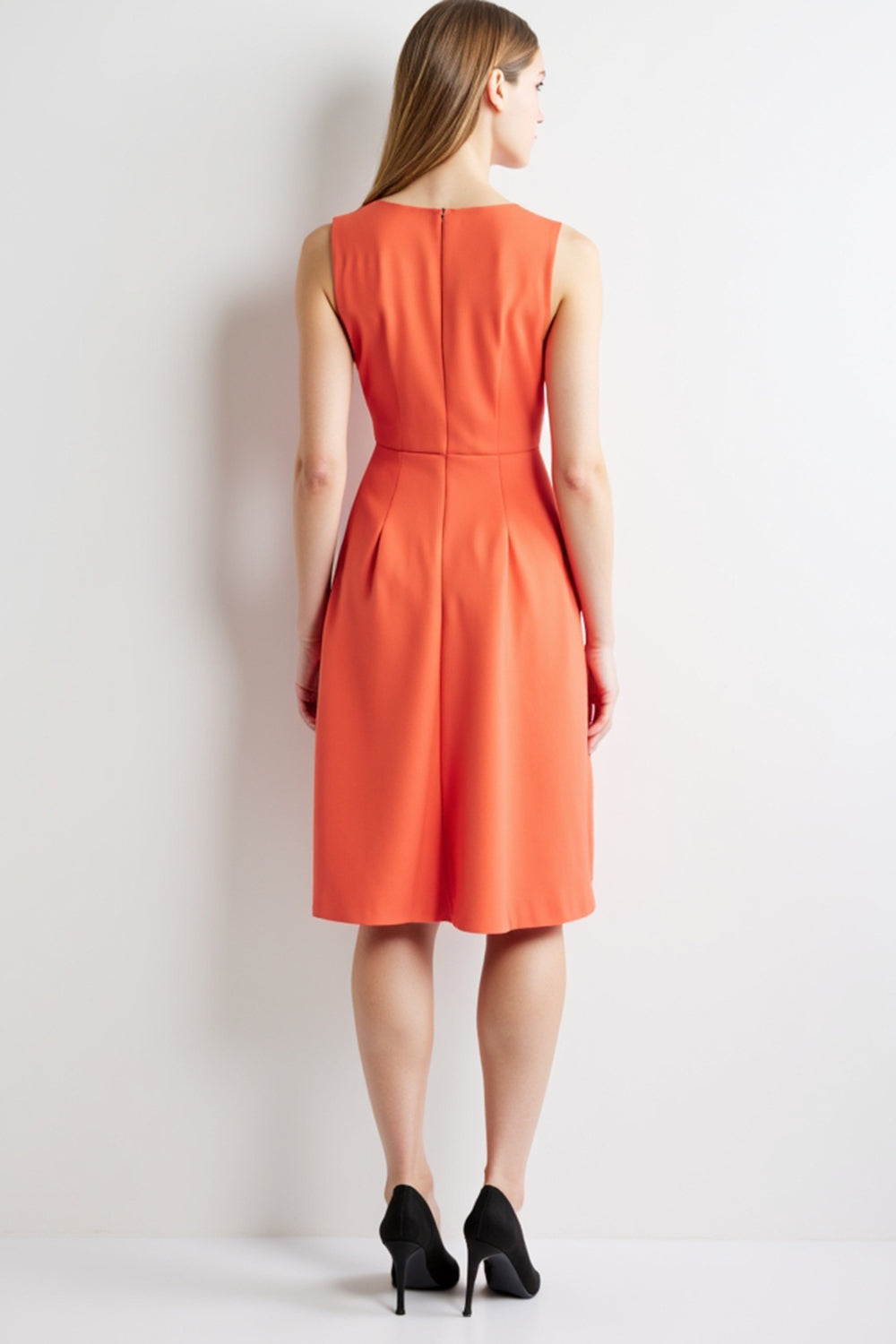 Orange Ruched Bodycon Deep V-Neck Midi Work Dress