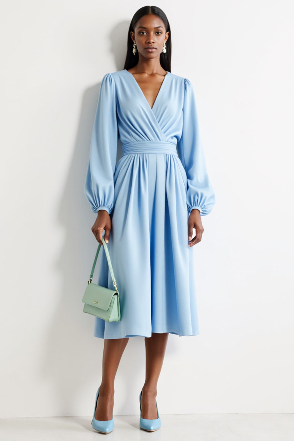 Blue V-Neck A Line Ruched Midi Work Dress with Sleeves
