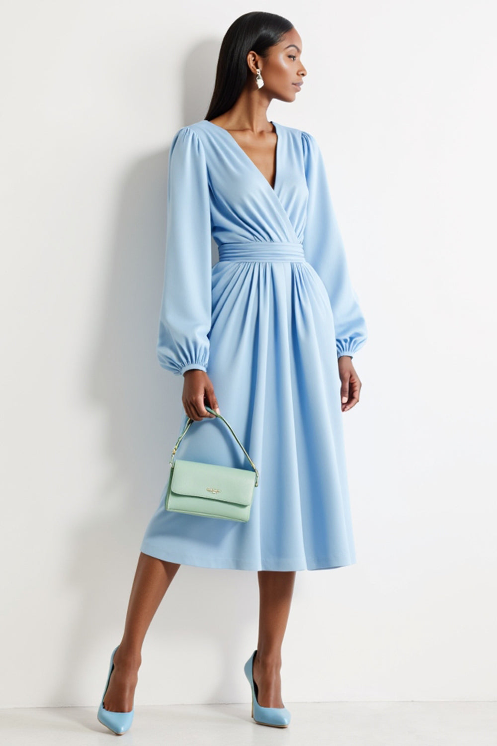 Blue V-Neck A Line Ruched Midi Work Dress with Sleeves