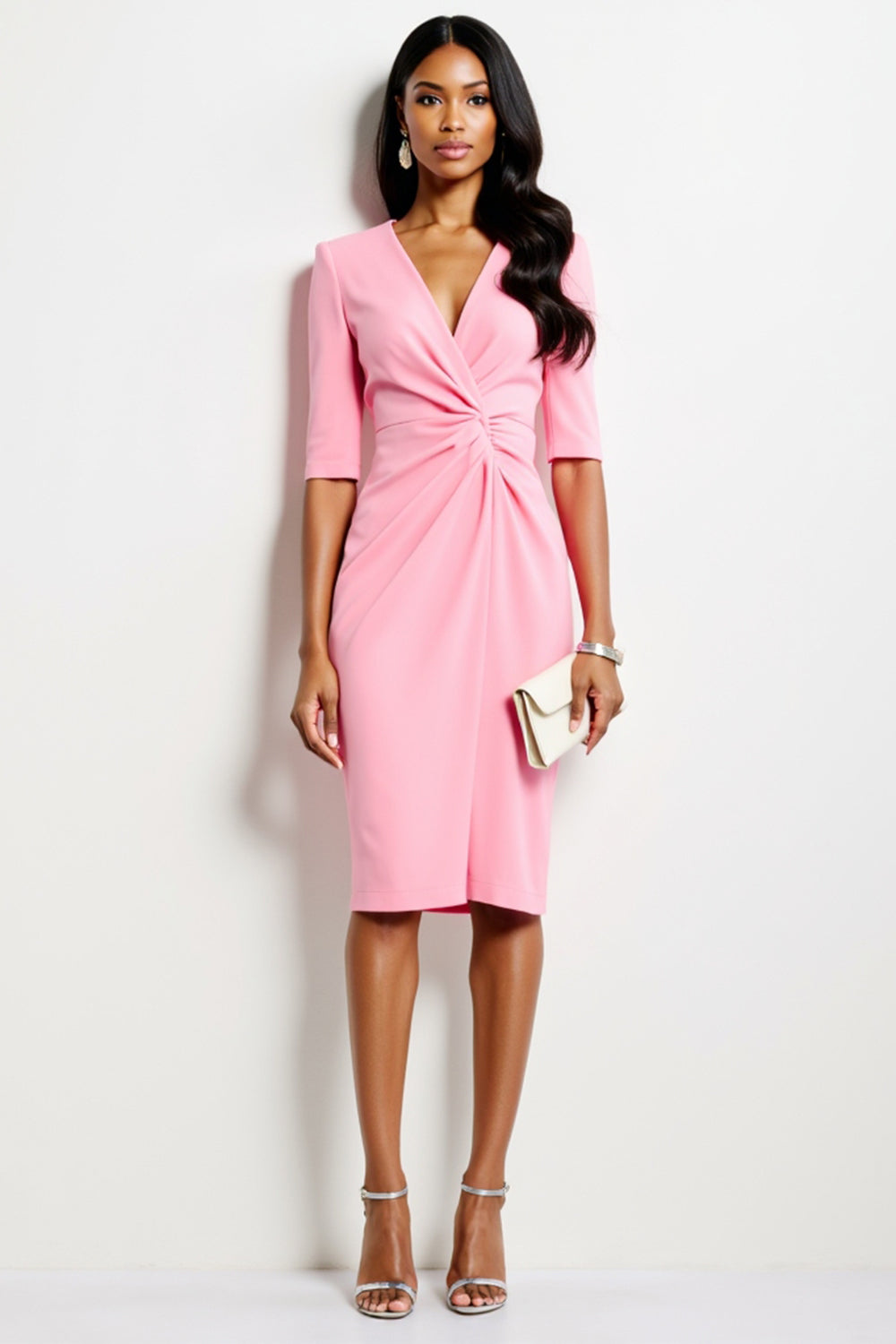 Hot Pink V-Neck Midi Satin Work Dress with Sleeves