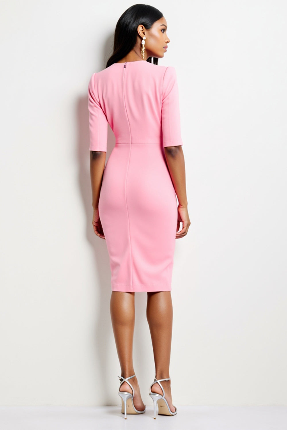 Hot Pink V-Neck Midi Satin Work Dress with Sleeves