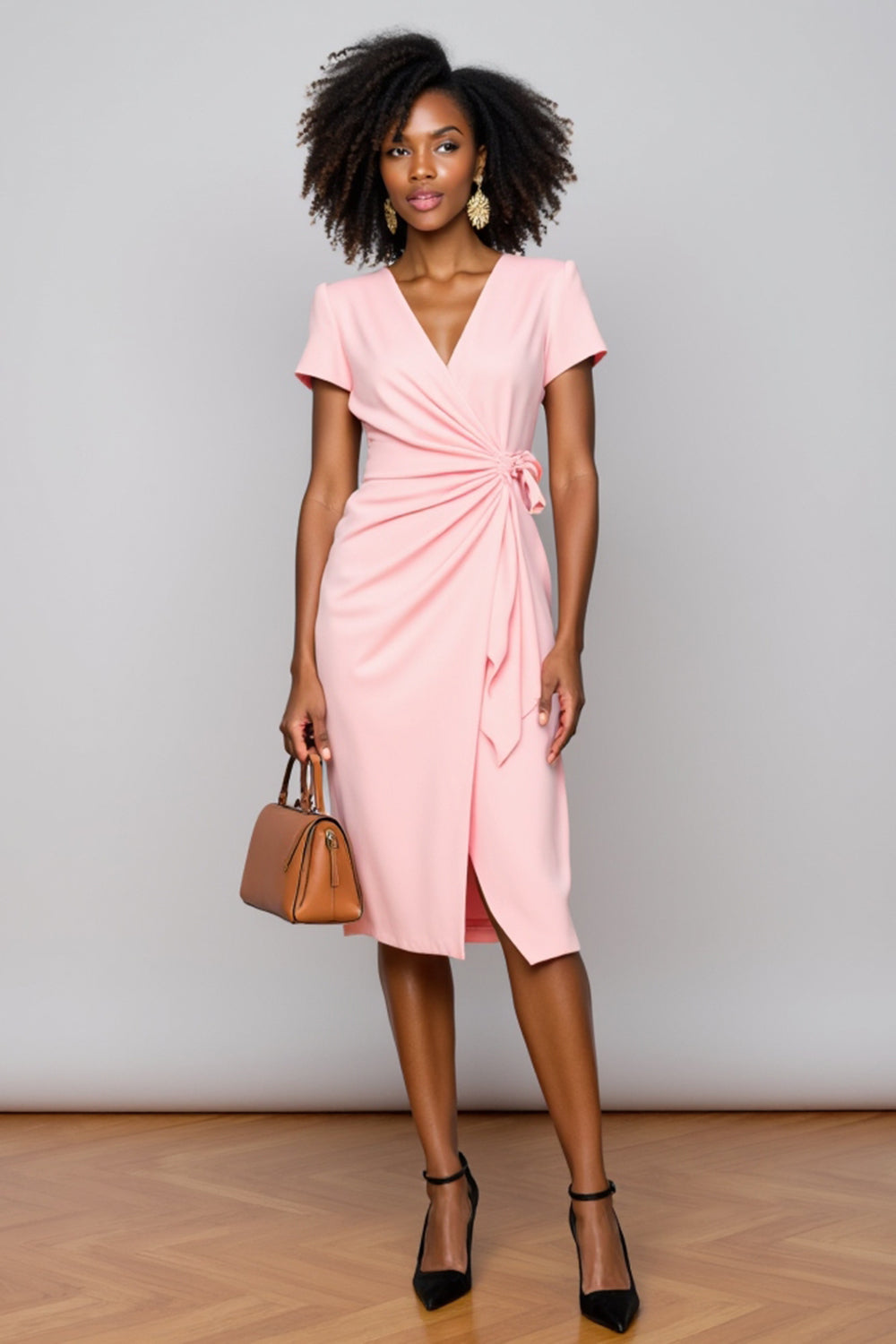 Light Pink Satin V-Neck Bodycon Midi Work Dress with Ruffles