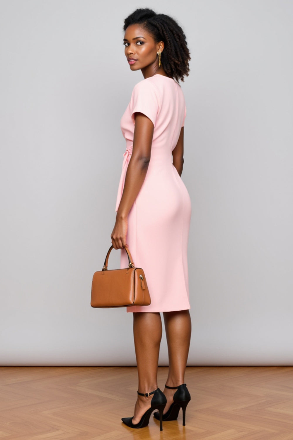 Light Pink Satin V-Neck Bodycon Midi Work Dress with Ruffles