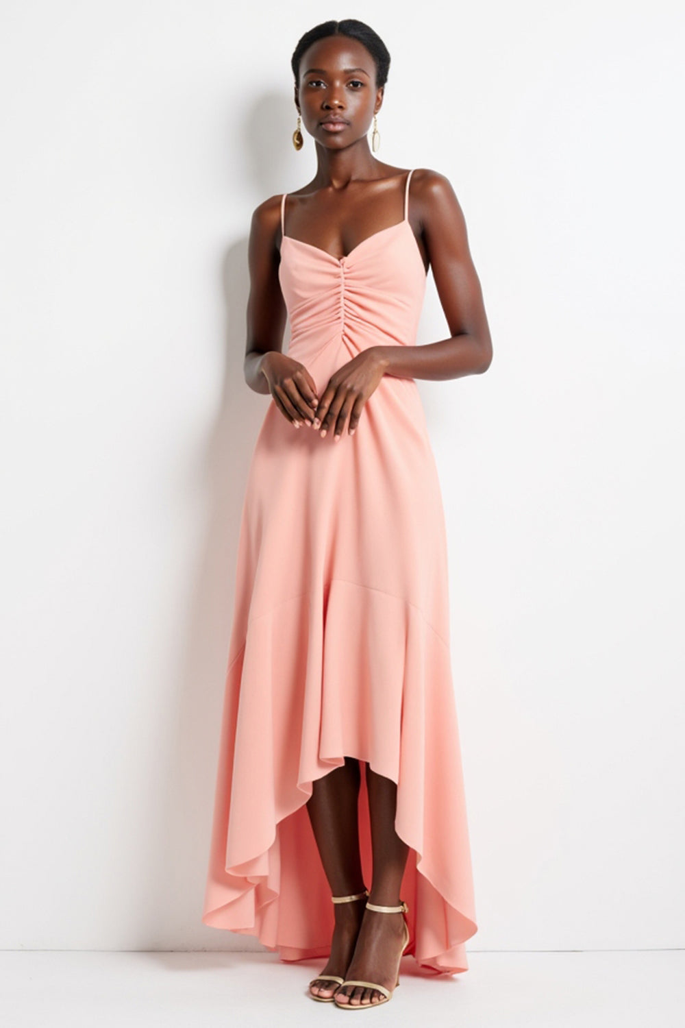 Blush Sheath Spaghetti Straps High-Low Work Dress