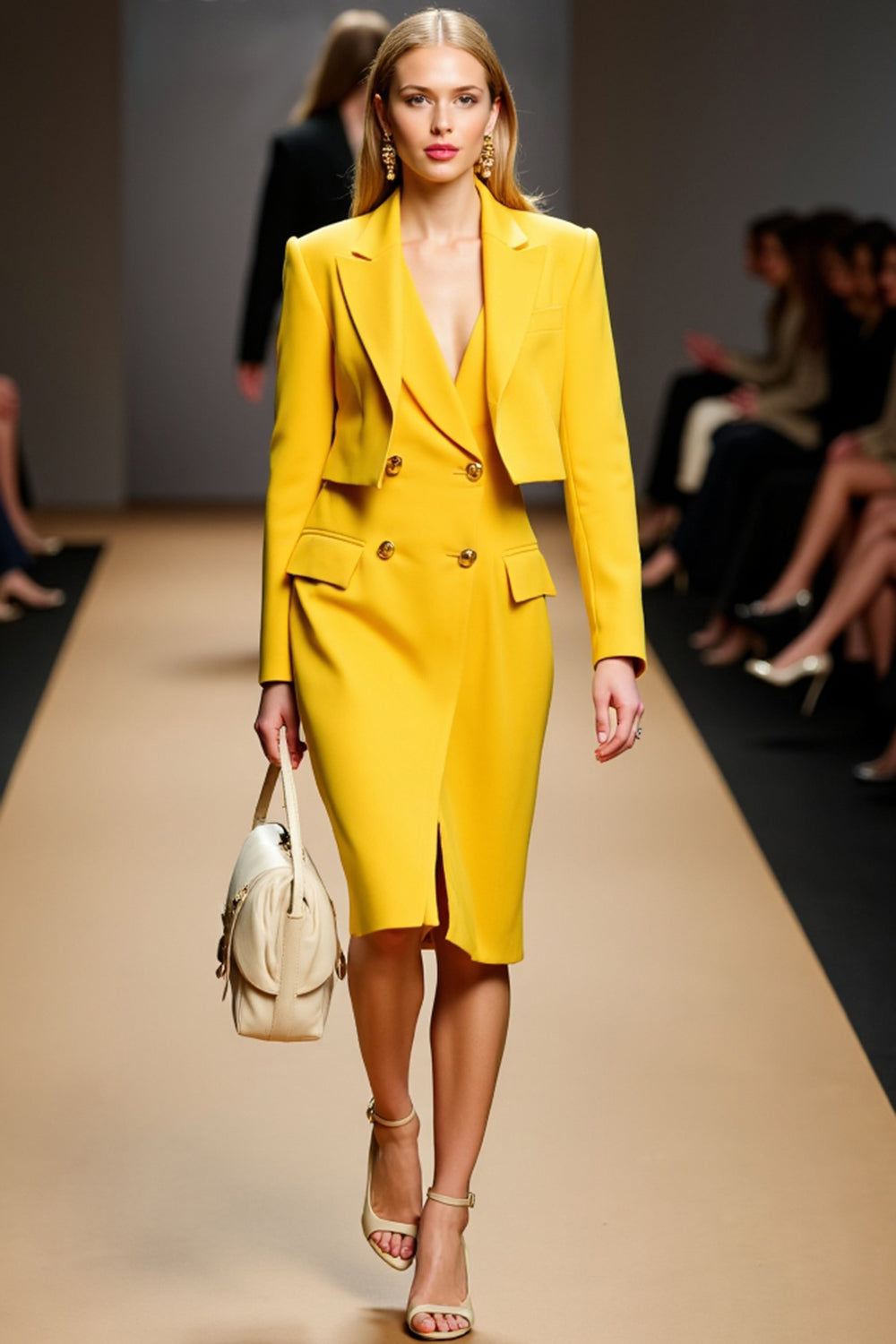 Yellow Satin Peak Lapel Double Breasted Midi Business Suits with Slit