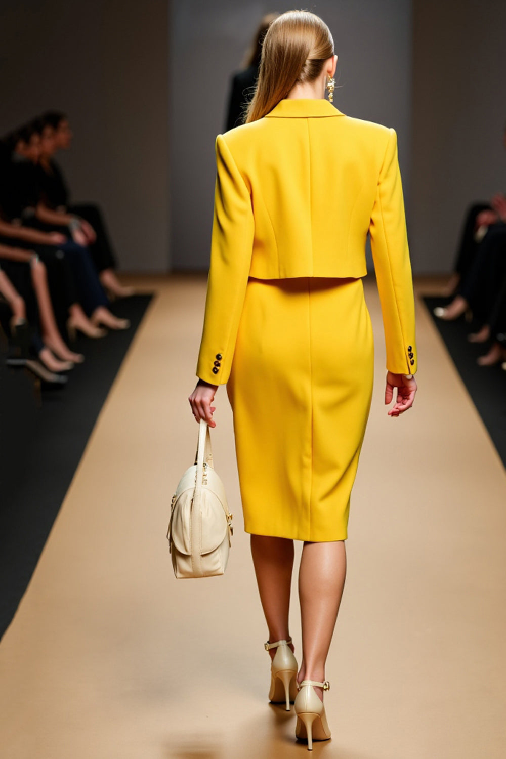 Yellow Satin Peak Lapel Double Breasted Midi Business Suits with Slit