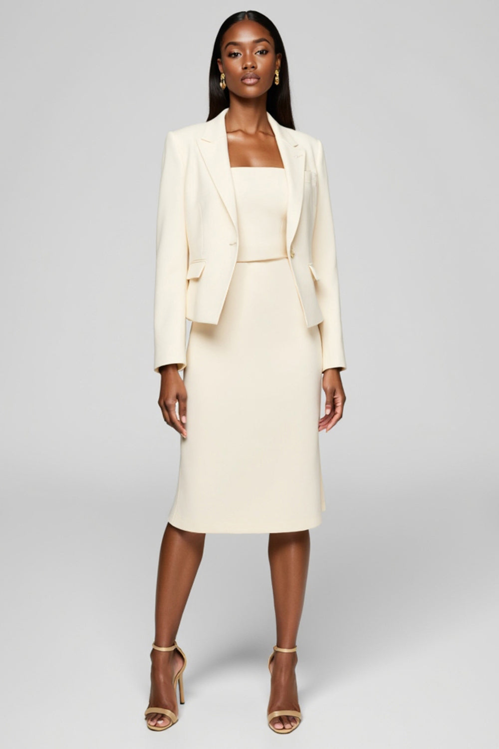 Ivory Peak Lapel 2 Piece Satin Midi Business Suits with Long Sleeves