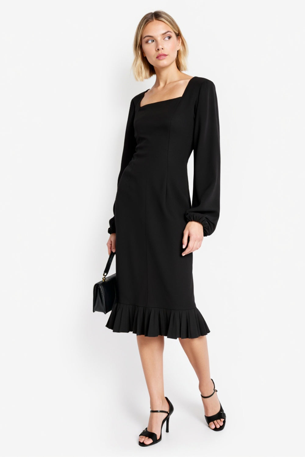 Black Bodycon Long Sleeves Midi Work Dress with Ruffles