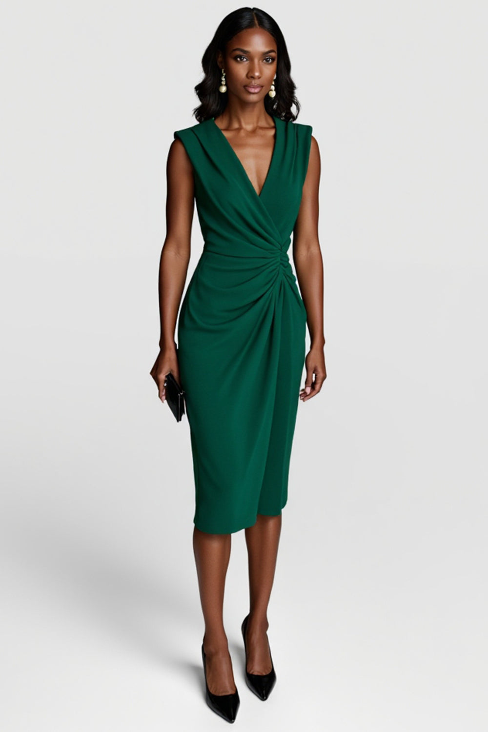 Dark Green Satin V-Neck Bodycon Ruched Midi Work Dress