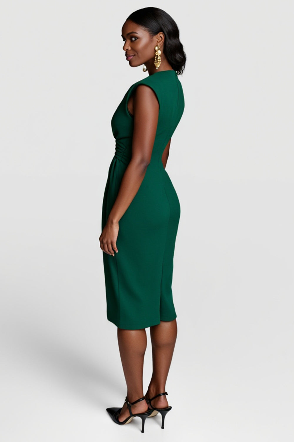 Dark Green Satin V-Neck Bodycon Ruched Midi Work Dress
