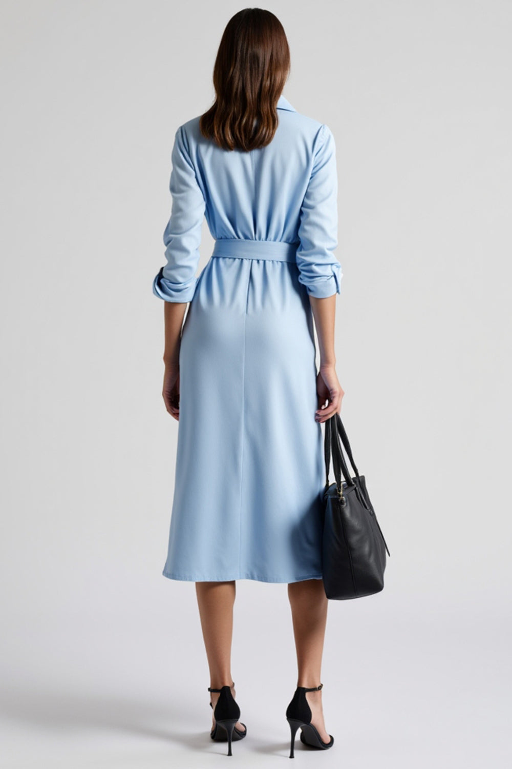 Blue A Line Collar Neck Tie Front Midi Work Shirt Dress