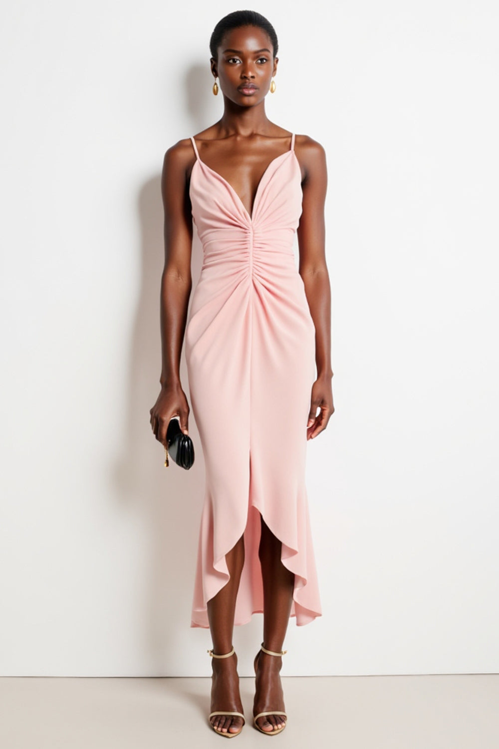 Blush Mermaid Spaghetti Straps Ruched High-Low Work Dress with Ruffles