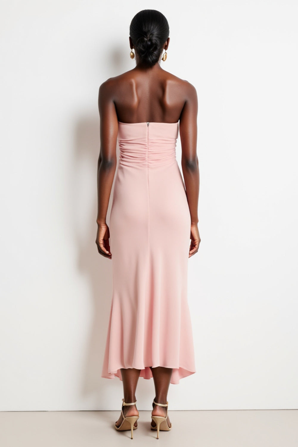 Blush Mermaid Spaghetti Straps Ruched High-Low Work Dress with Ruffles