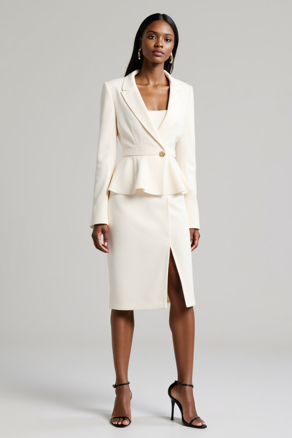 White 2 Piece Peak Lapel Satin Ruffled Midi Business Suits