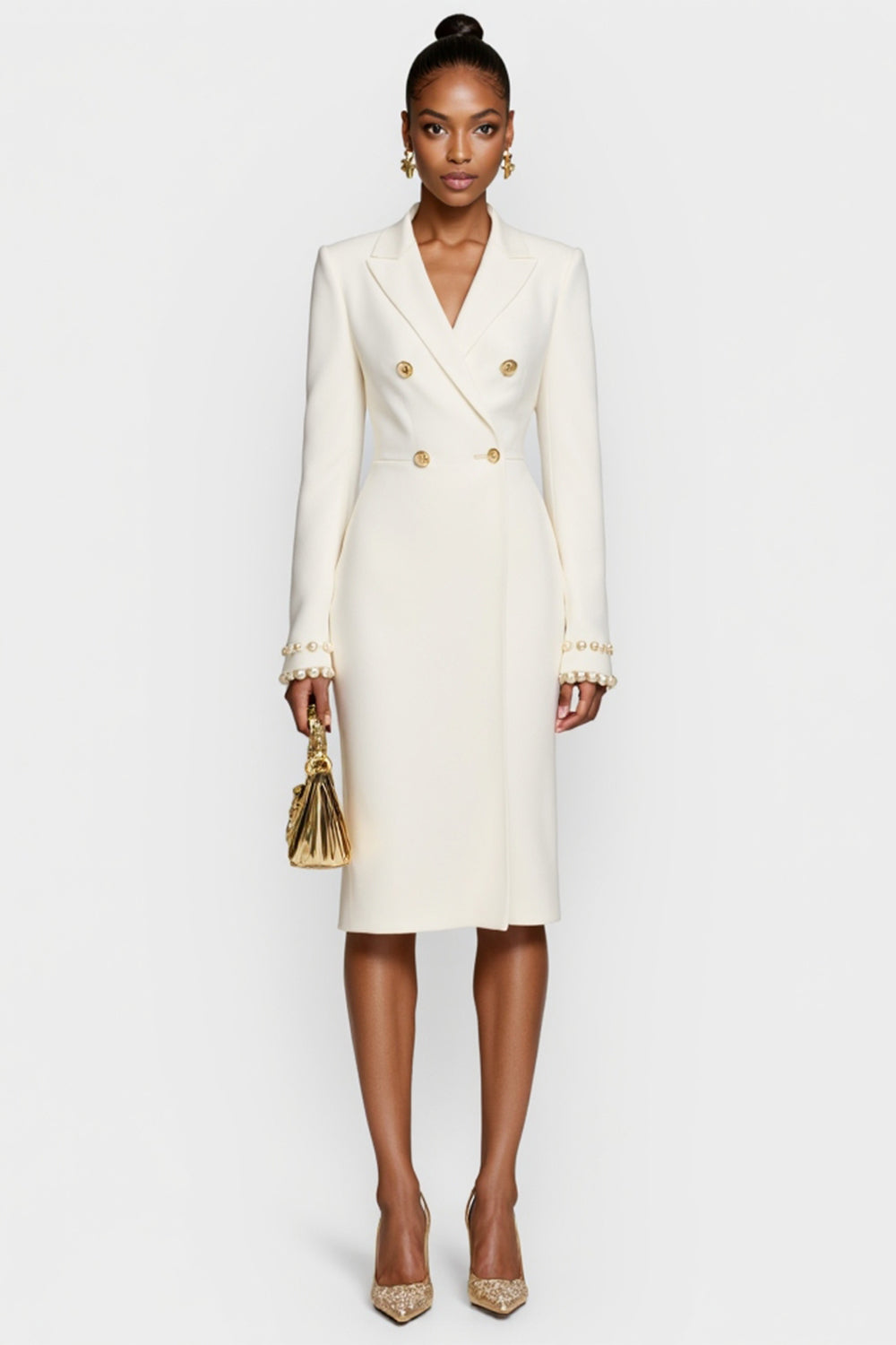 White Satin Peak Lapel Bodycon Midi Work Blazer Dress with Sleeves