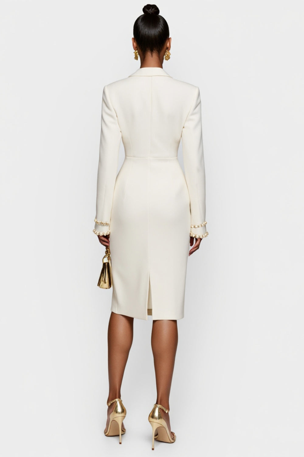 White Satin Peak Lapel Bodycon Midi Work Blazer Dress with Sleeves