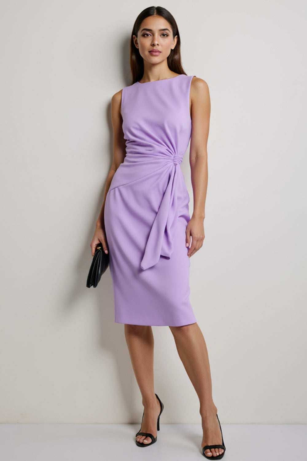 Purple Bodycon Satin Tie Front Midi Work Dress
