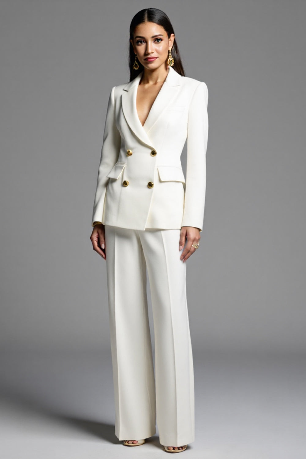 White Satin 2 Piece Double Breasted Notched Lapel Business Suits