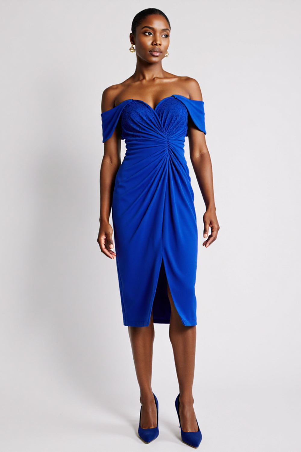 Royal Blue Bodycon Satin Off the Shoulder Midi Work Dress with Slit