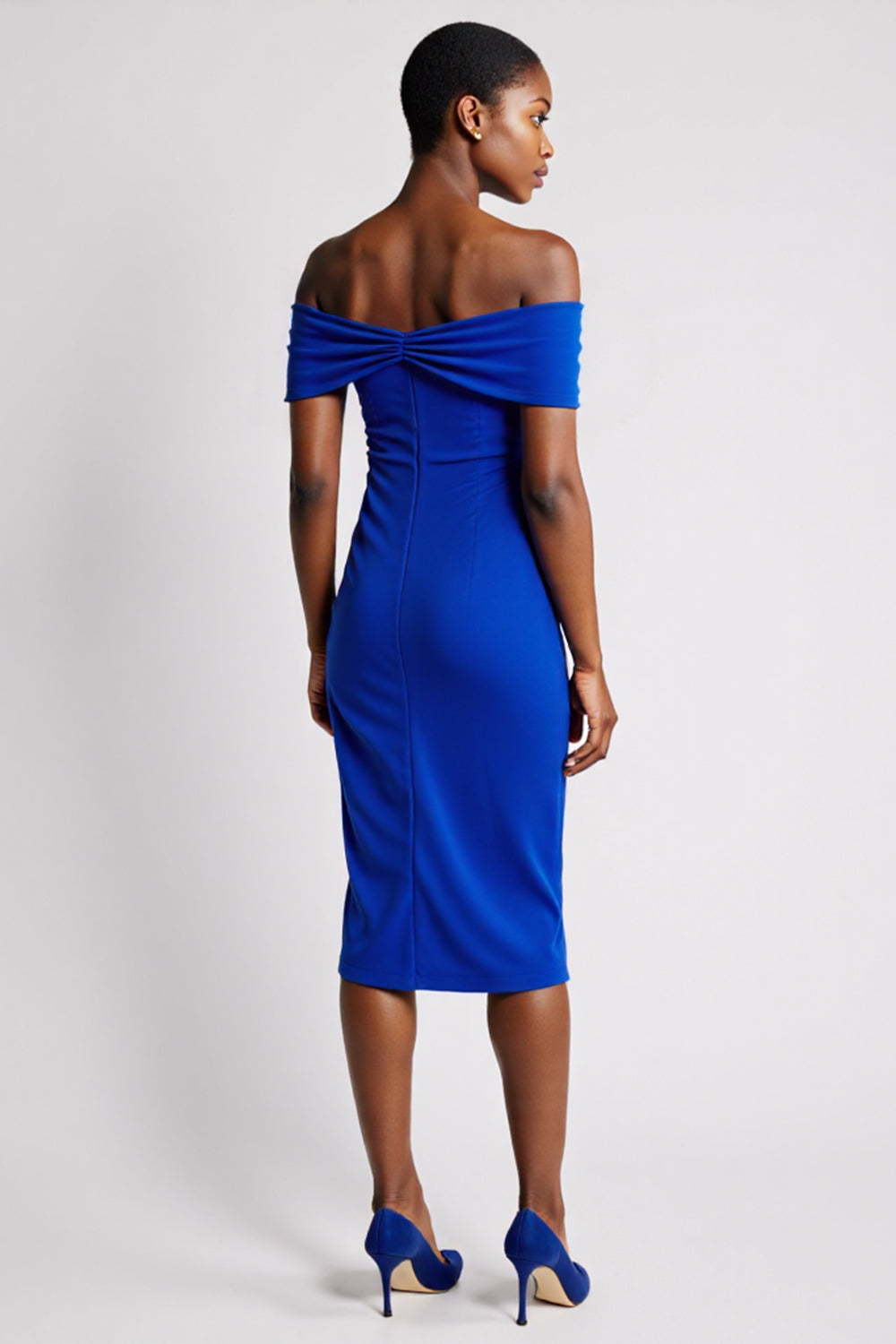 Royal Blue Bodycon Satin Off the Shoulder Midi Work Dress with Slit