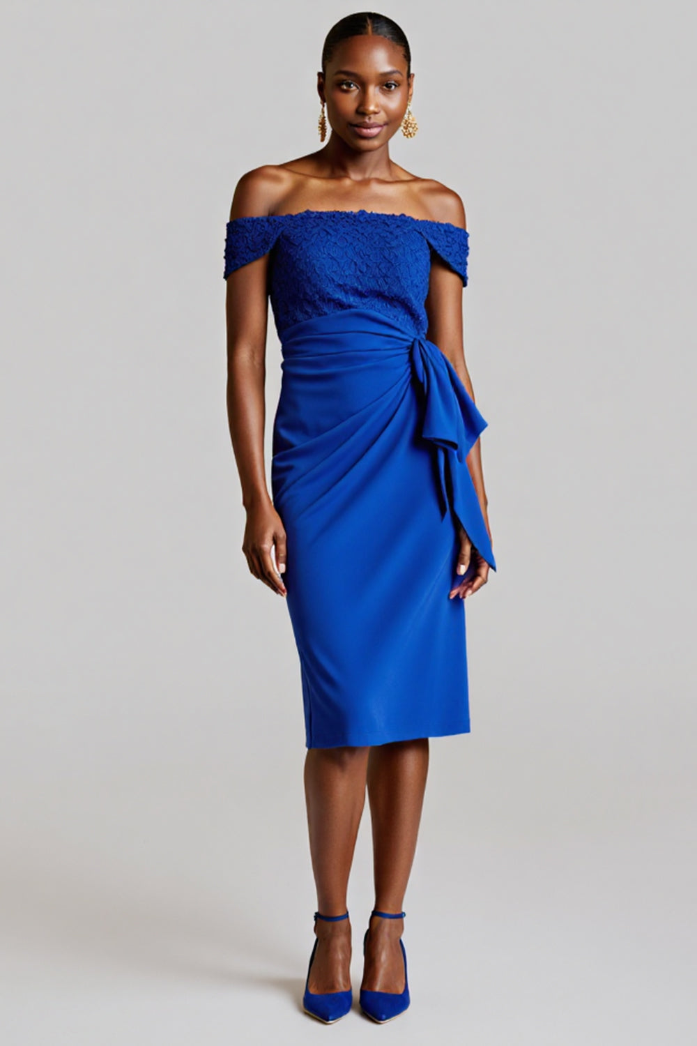 Royal Blue Bodycon Tie Front Satin Midi Work Dress with Lace
