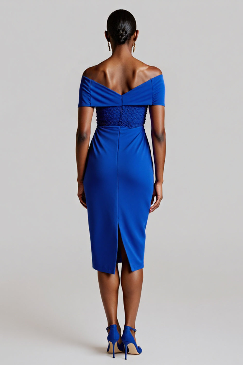 Royal Blue Bodycon Tie Front Satin Midi Work Dress with Lace