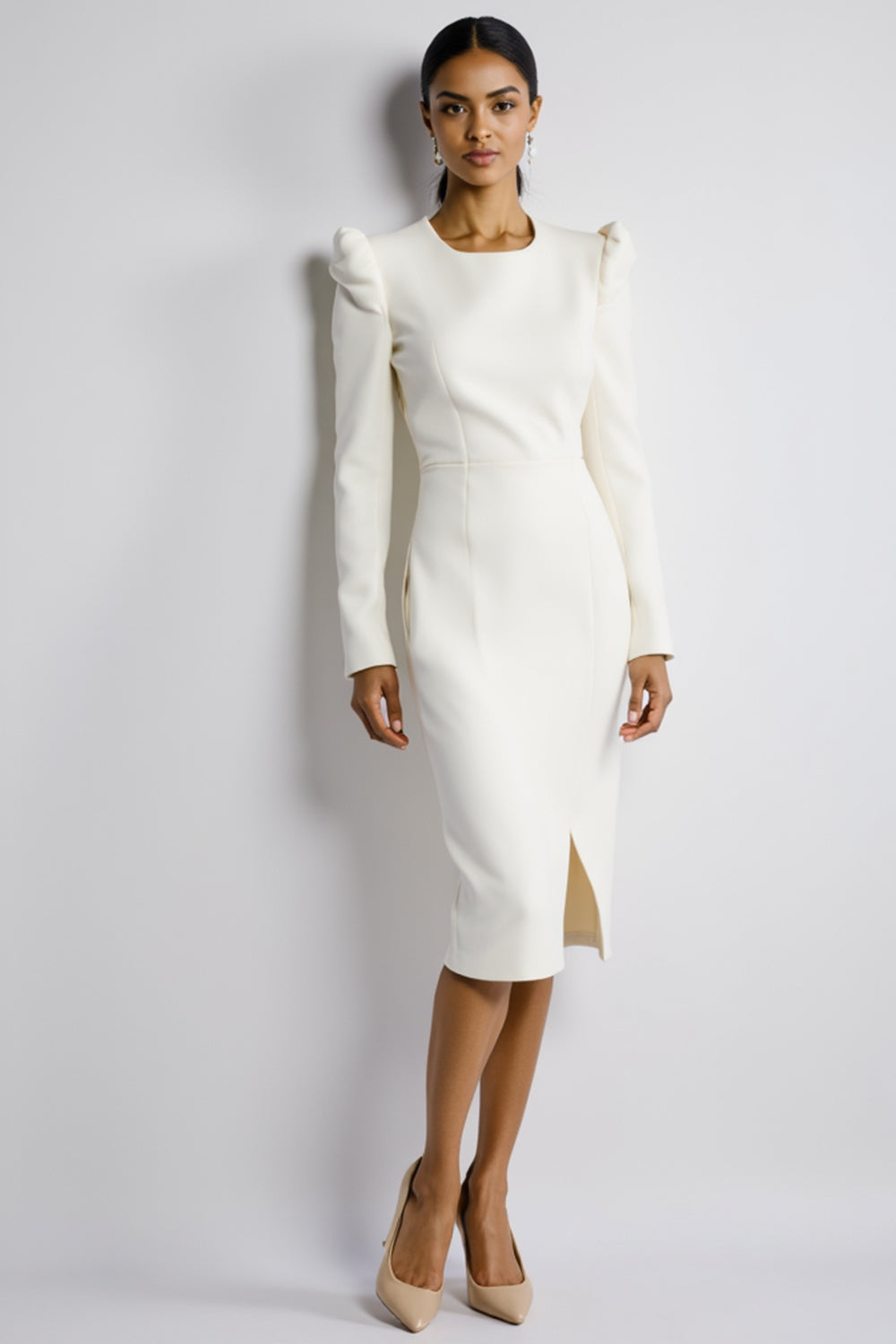 White Bodycon Long Sleeves Midi Satin Work Dress with Slit