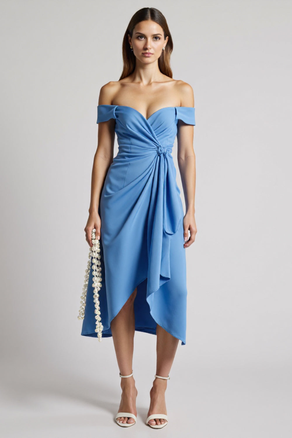 Blue Off the Shoulder Satin Midi Work Dress with Ruffles