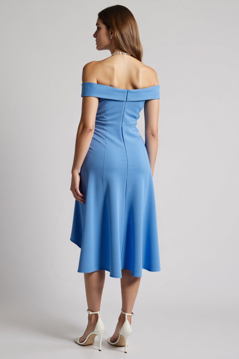 Blue Off the Shoulder Satin Midi Work Dress with Ruffles