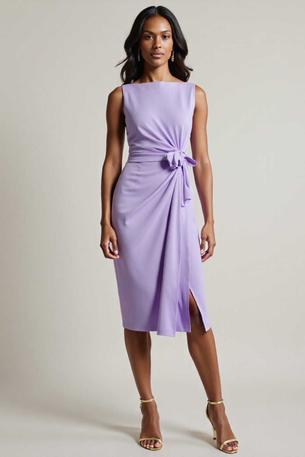 Purple Bodycon Ruched Tie Front Midi Work Dress with Slit