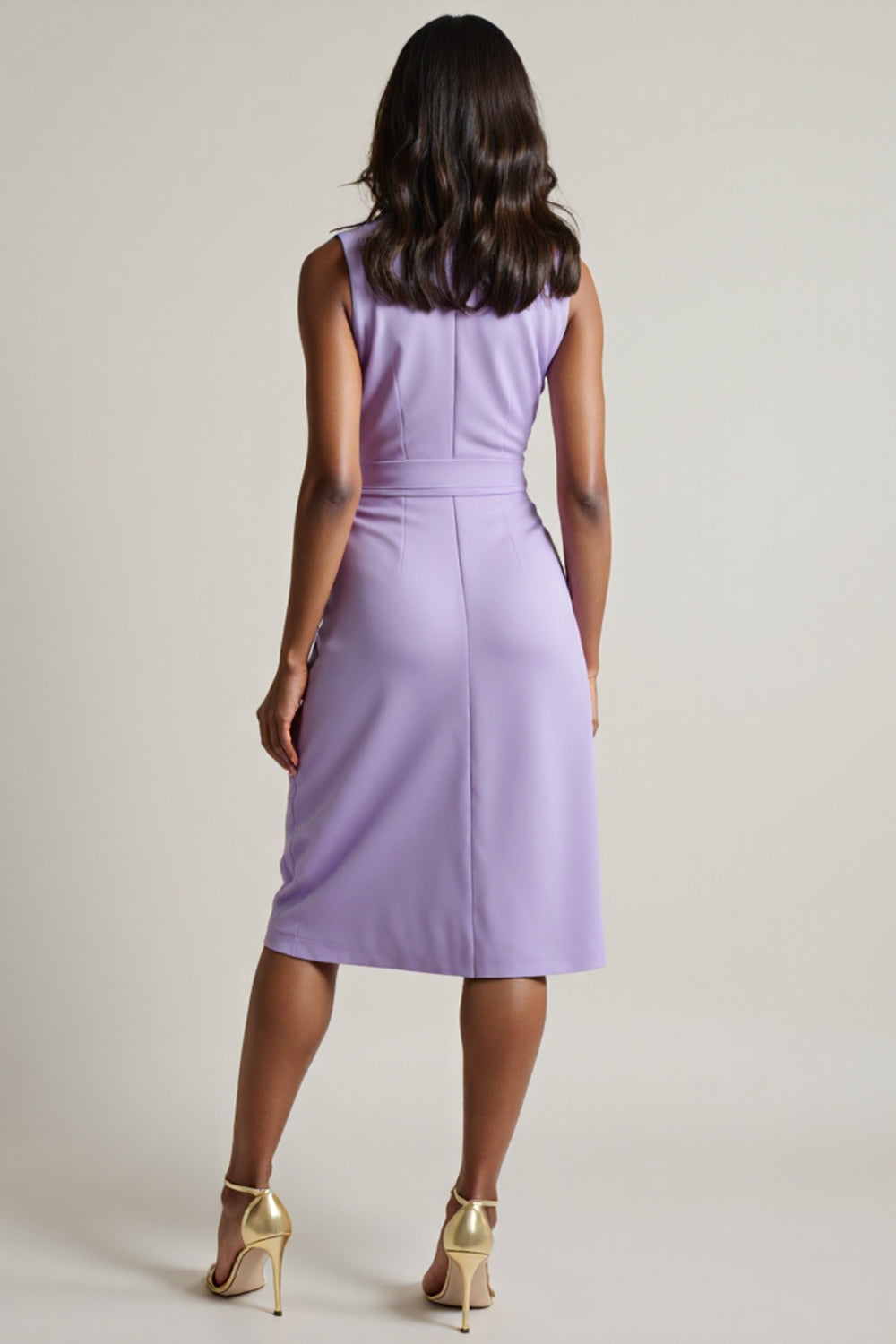 Purple Bodycon Ruched Tie Front Midi Work Dress with Slit