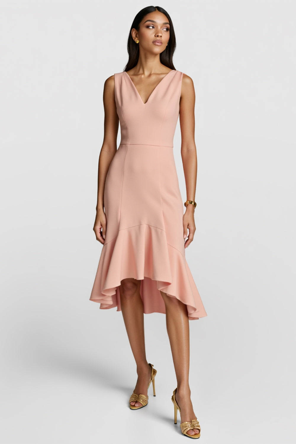 Blush V-Neck Sleeveless Midi Work Dress with Ruffles