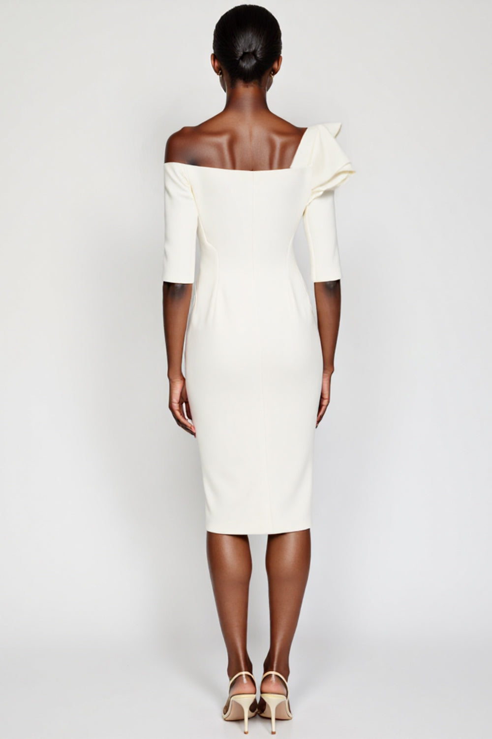 White One Shoulder Bodycon Ruffled Midi Work Dress with Long Sleeves