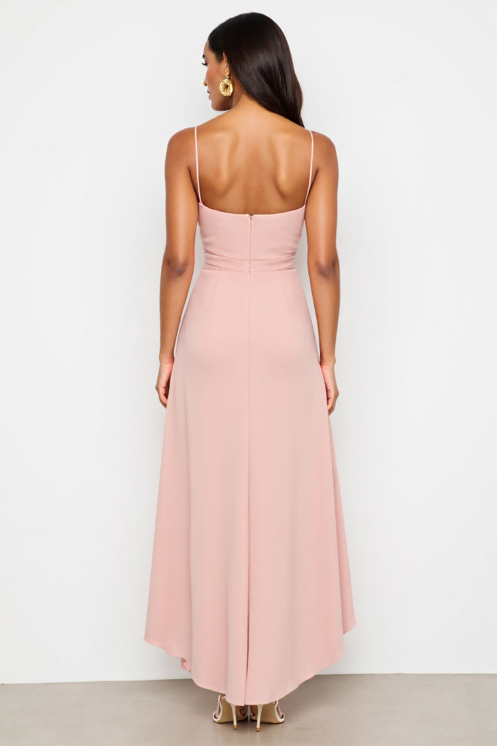 Blush Sheath Spaghetti Straps High-Low Work Dress with Ruffles