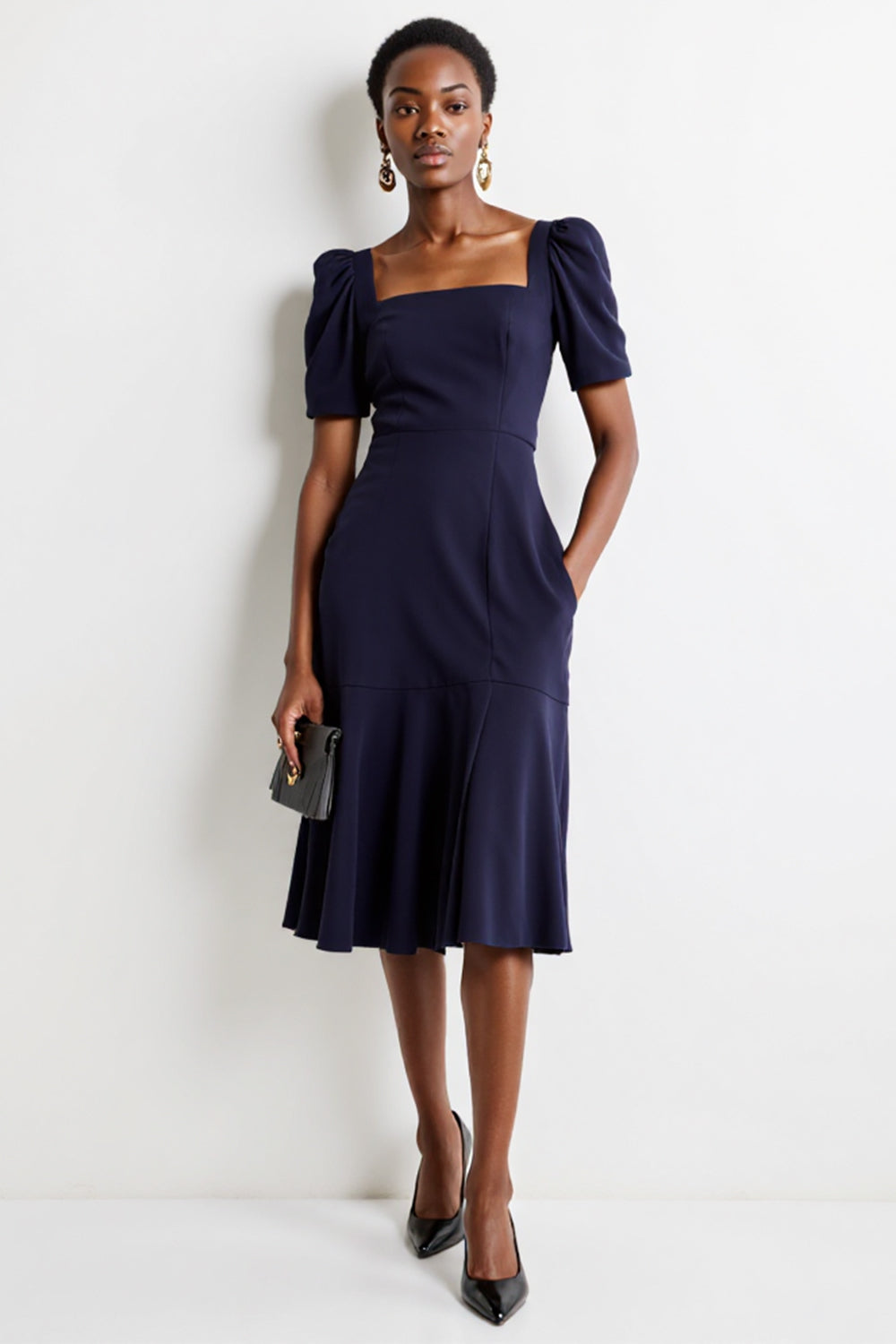 Navy Satin A Line Midi Work Dress with Pockets