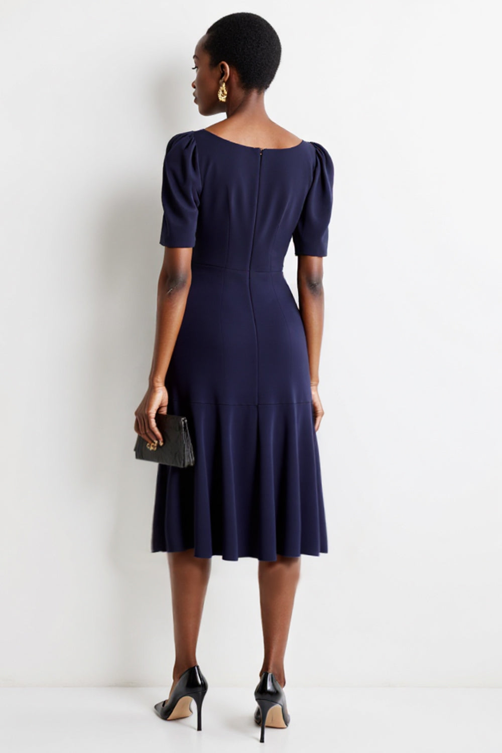 Navy Satin A Line Midi Work Dress with Pockets