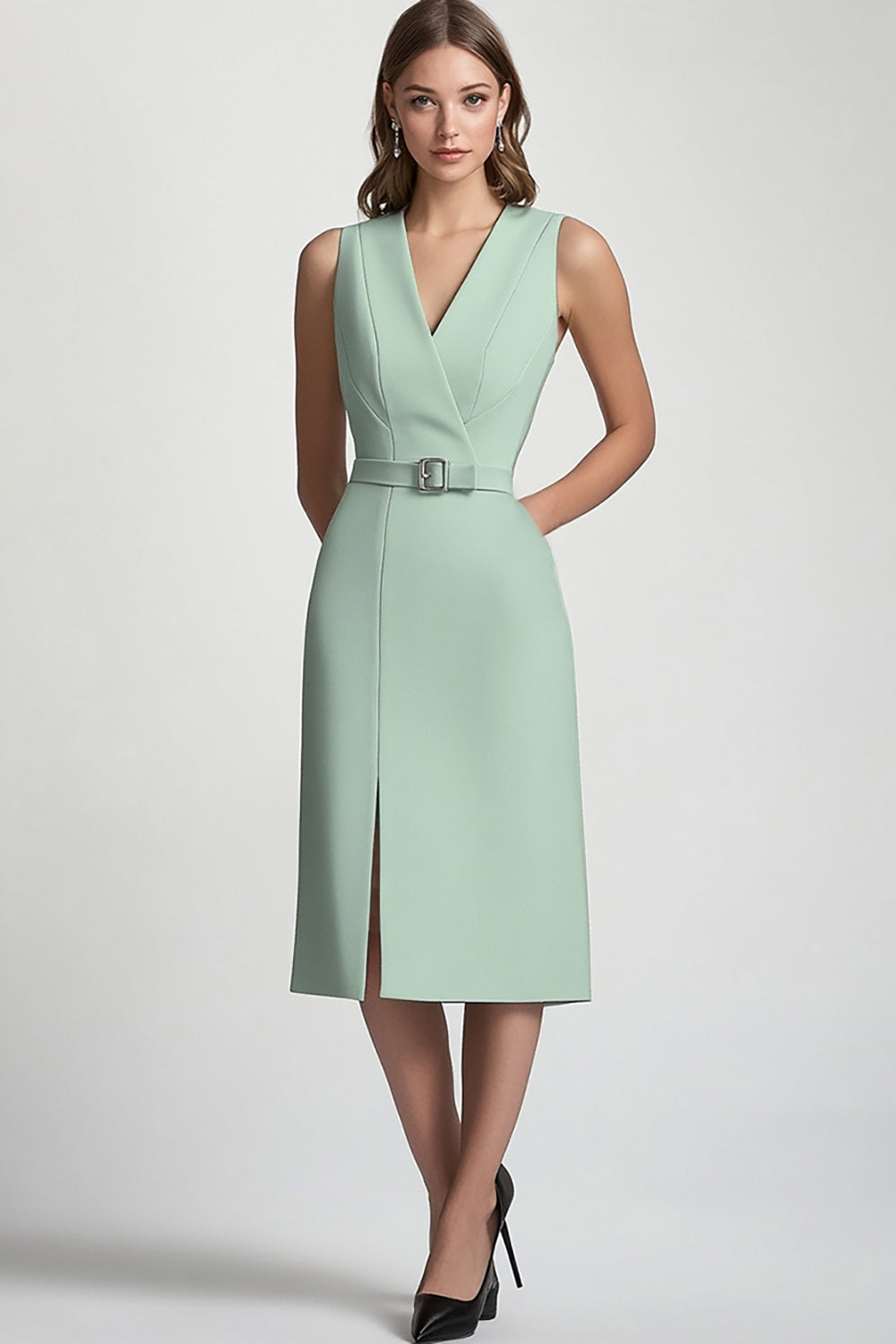 Mint Green Bodycon V-Neck Midi Work Blazer Dress with Slit