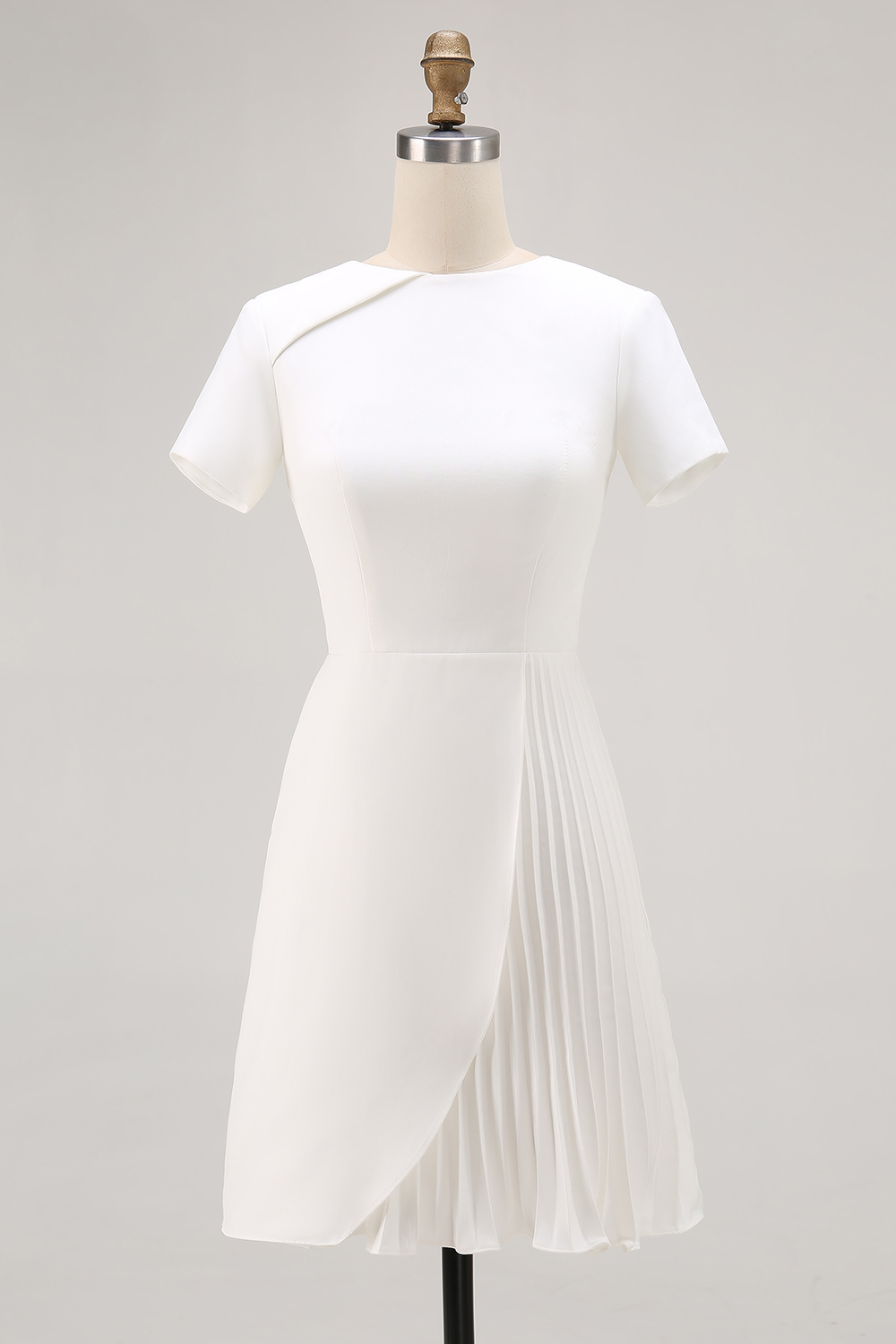 Simple White Satin Tight Pleated Short Work Dress with Sleeves