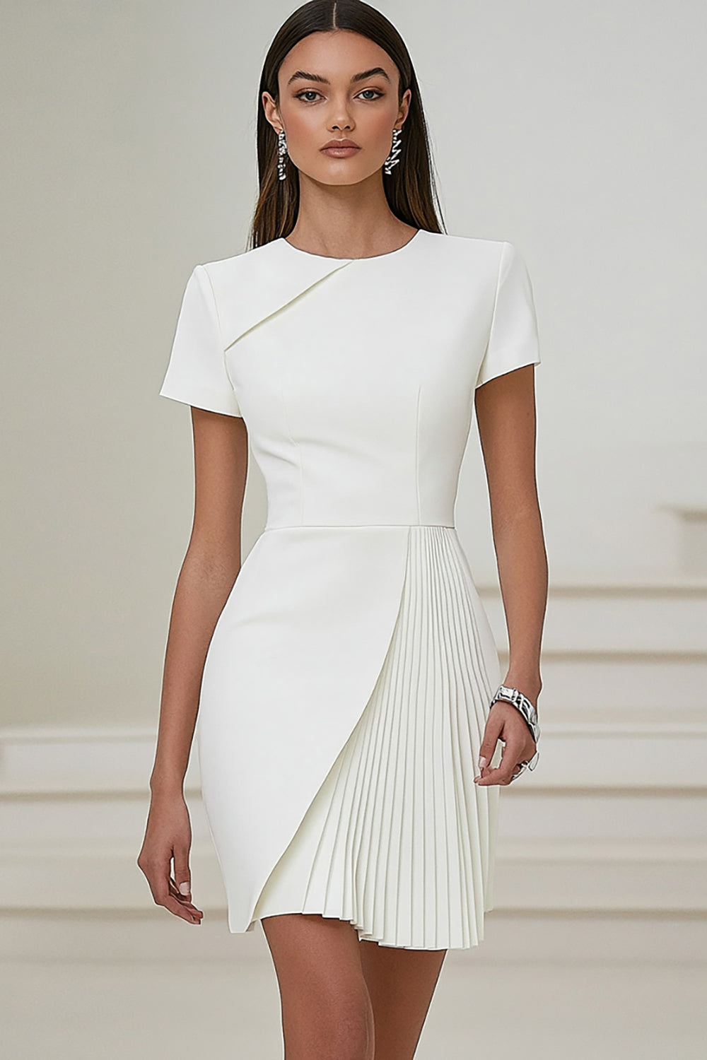 White Satin Bodycon Short Sleeves Work Dress